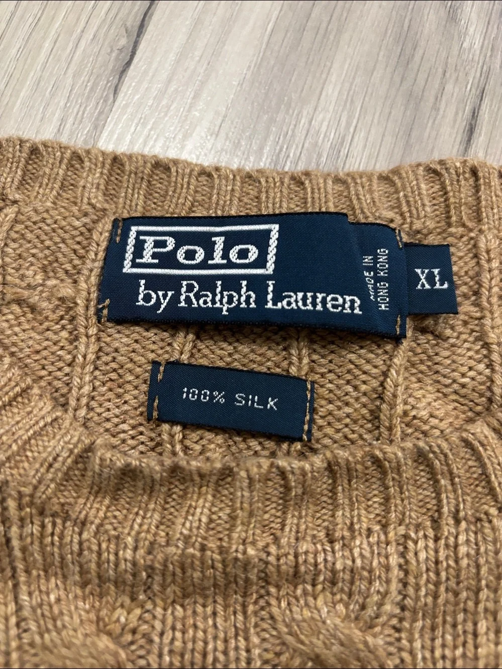 Polo Ralph Lauren Men’s Cable Knit Silk Camel Crewneck 100% Silk Sweater  Sz XL